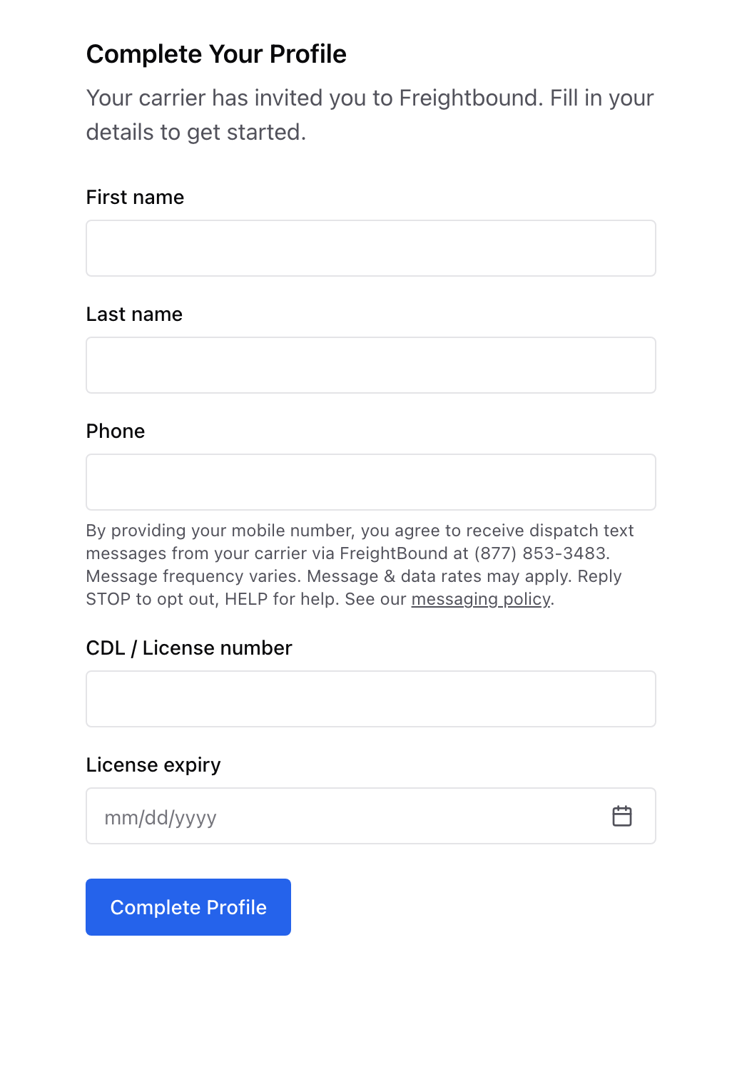 FreightBound onboarding form showing the optional phone field with the SMS consent disclosure beneath it